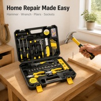 Kit d'outils manuels ménagers DIY, ensemble de mécanicien en acier CR-V, marteau, clé, pinces, douilles, tournevis, avec mallette de rangement, vente en gros OEM