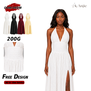 Anjie OEM ODM Womens White Eyelet Cotton Halter <strong>Maxi</strong> <strong>Dress</strong> Custom Private Label Plunge High Slit Beach Sundress - Product Image 1
