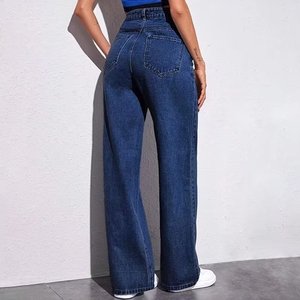 <span class=keywords><strong>Jean</strong></span> rétro ample à jambe large pour <span class=keywords><strong>femme</strong></span>, coupe droite unie, taille haute élastique, en denim, style décontracté streetwear avec poches - Product Image 3