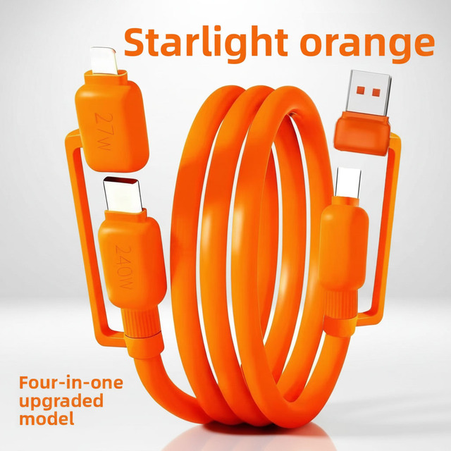 OEM/ODM Four-in-one Orange Silicone Jacket 240W Super Fast Charging Data Cable USB-A//Type-C Connectors for IOS