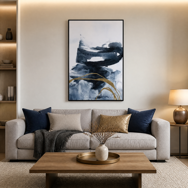 Navy Blue Abstract Watercolor Wall Art with Gold Accents Modern Framed Canvas Painting for Home Decoration