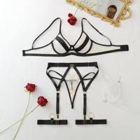 Nouveau Kit Soutien-Gorge en Maille à Bordures Contrastantes avec Harnais, Jarretière et Culotte, et Accessoires Bandeaux de Cuisse