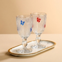 Tasse à rincer en verre sodocalcique épaissi gaufré, style luxe léger, et bol à crème glacée exclusif hôtelier, avec bord doré et papillon peint à la main