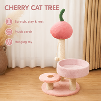 Arbre à chat mignon et compact avec lit rond en peluche, motifs Cœur et Cerise, griffoirs, mobilier pour animaux de compagnie personnalisé OEM ODM