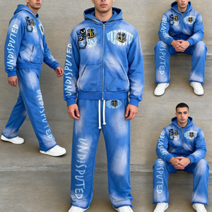 Ensemble de survêtement vintage de haute qualité, épais, avec impression effet soleil délavé, délavé à l'acide, avec appliqué et patch, comprenant un pantalon de survêtement et un sweat à capuche - Product Image 1