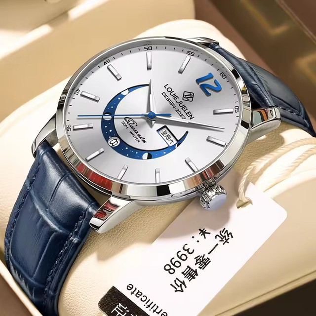 Top Brand BELUSHI 9284 New Men's Wristwatches Moon Phase Auto Date Waterproof Quartz Watch for Men Fashion Leather Band Watches
