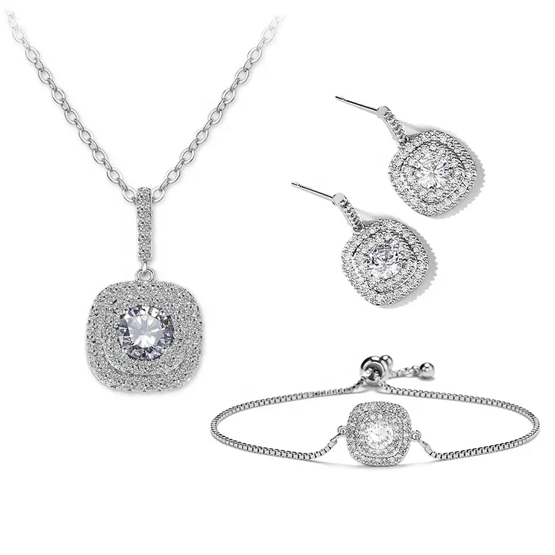 RAKOL SP3227 2022 Classic fine jewelry 925 sterling silver Square pendant necklace earrings set charms CZ tennis bracelet sets
