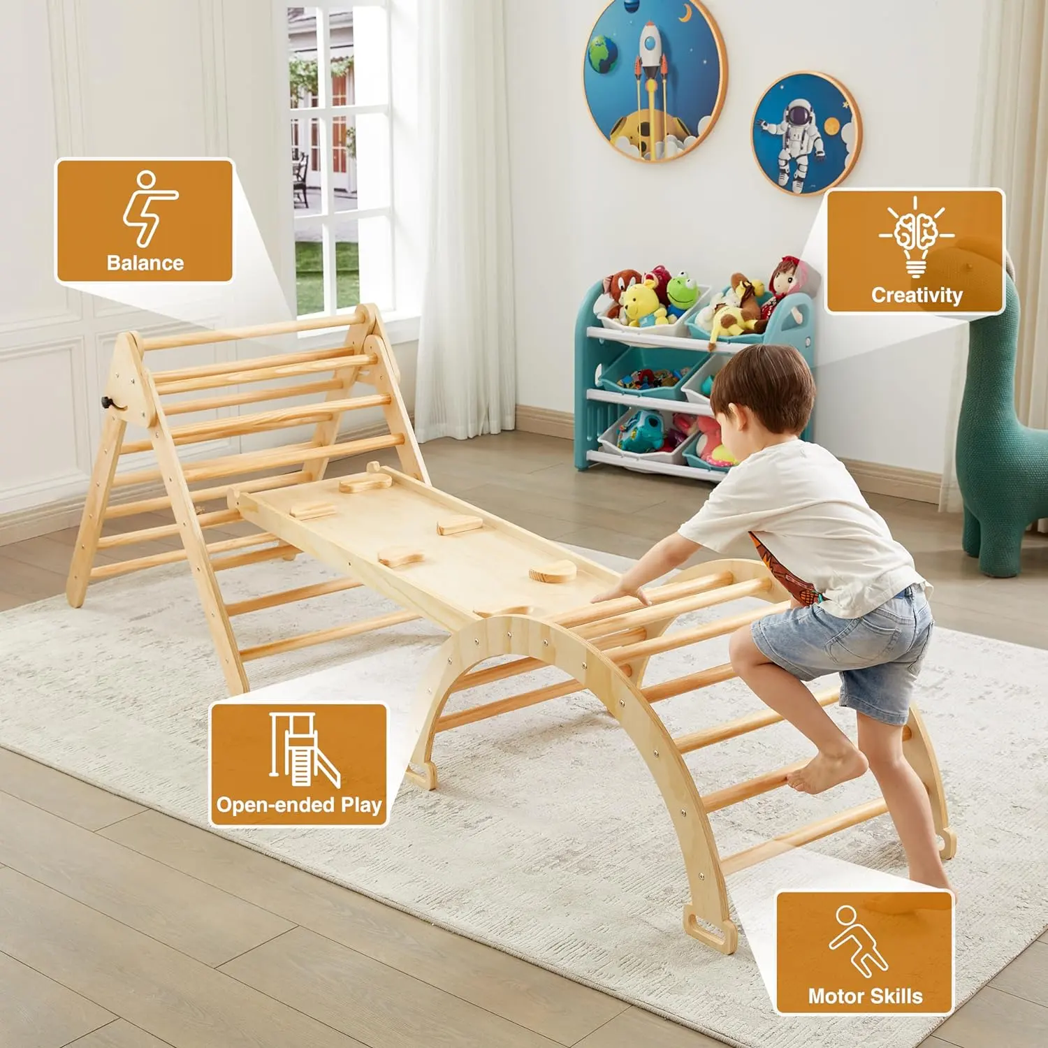 5 in 1 Triangle Gym Montessori Foldable Wooden Climbing Set with Ramp Arch Climber and Rocker for Kids 2-6 Years