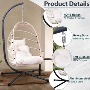 Fauteuil suspendu en rotin tressé en forme d'œuf pour adultes, pour salon, extérieur, balcon, jardin, patio, en métal - Product Image 2