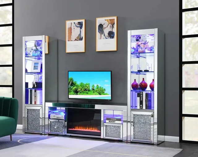 Glam Style Luxury Electric Crush Diamond Mirrored TV Stand With Fireplace and Two Side Empire Entertainment Tower