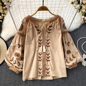 Primavera autunno stile etnico retrò manica lunga girocollo ampio Pullover ricamato in cotone canapa camicia Casual da <span class=keywords><strong>donna</strong></span> - Product Image 2