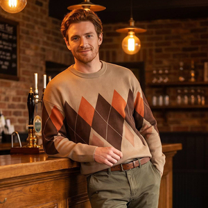 Pull en tricot Argyle en mélange coton-acrylique, motif géométrique rétro pour hommes, toucher doux et tissage durable, logo personnalisé, vente en gros - Product Image 2