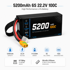 Batterie LiPo pour drone haute performance 5200mAh 6S 22.2V 100C 115.44Wh avec connecteur XT90 pour drone FPV, UAV, avion RC, livraison directe d'usine - Product Image 4