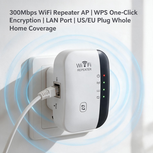 High Signal Boost 300Mbps WiFi Range Extender Repeater AP Booster 50m WPS One-click Encryption US EU Plug Stable Whole Home