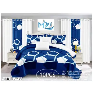 American Styles Geometrie blau weiß Bettwäsche mit passenden Vorhang Bettwäsche-Set