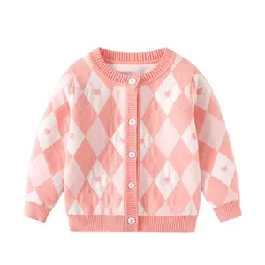 Fabricante venta al por mayor de ropa personalizada para niños niñas rombo suéter cardigan nuevo bebé cuello redondo suéter