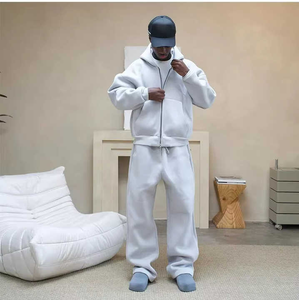 Ensemble pantalon de survêtement et sweat à capuche zippé avec logo personnalisé sweat à capuche Boxy survêtement unisexe lourd avec pantalon évasé survêtements en éponge française - Product Image 2