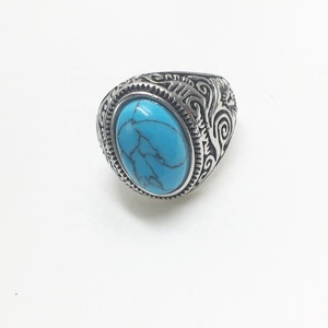 Bague vintage en acier inoxydable avec grande pierre ovale bleu turquoise, cadeau pour lui, bague classique vintage gothique pour homme avec pierre artificielle - Product Image 2