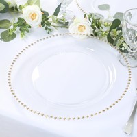 Assiettes de présentation de luxe en plastique blanc avec bord doré, 13 pouces, transparentes et perlées, réutilisables, pour mariages (vente en gros)
