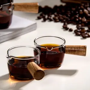 एस्प्रेसो कॉफी के लिए सर्वश्रेष्ठ ग्लास मापने वाला कप जिगर, डबल-माउथ औंस कप, लकड़ी के हैंडल के साथ 100 मिलीलीटर छोटा दूध का कप