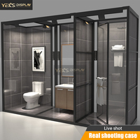 Cabine d'exposition moderne noir mat pour salle de bain, salle de simulation de salle d'exposition d'articles sanitaires, espace personnalisable pour toilettes, douche et meuble-lavabo