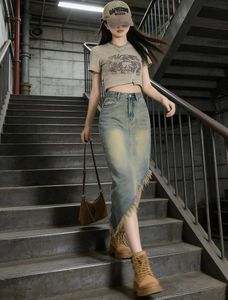 <span class=keywords><strong>Falda</strong></span> vaquera asimétrica <span class=keywords><strong>de</strong></span> mezclilla con borde irregular y flecos, estilo vintage, con abertura alta, para mujer - Product Image 3