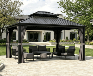 Gazebo de Aluminio Moderno de Lujo con Techo Rígido de Dos Niveles, Pabellón Exterior Bioclimático con Cortinas para Patio y Jardín - Product Image 1