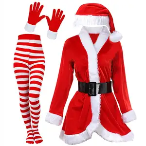 4件红色天鹅绒连衣裙配圣诞帽性感圣诞老人角色扮演圣诞服装女性嘉年华派对俱乐部服装