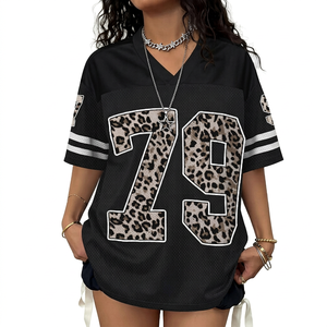 Leopard Print Football Jersey V Neck <b>Mesh</b> 100% Polyester Custom Front Logo <b>Short</b> Sleeve Teamwear for Women - Product Image 1