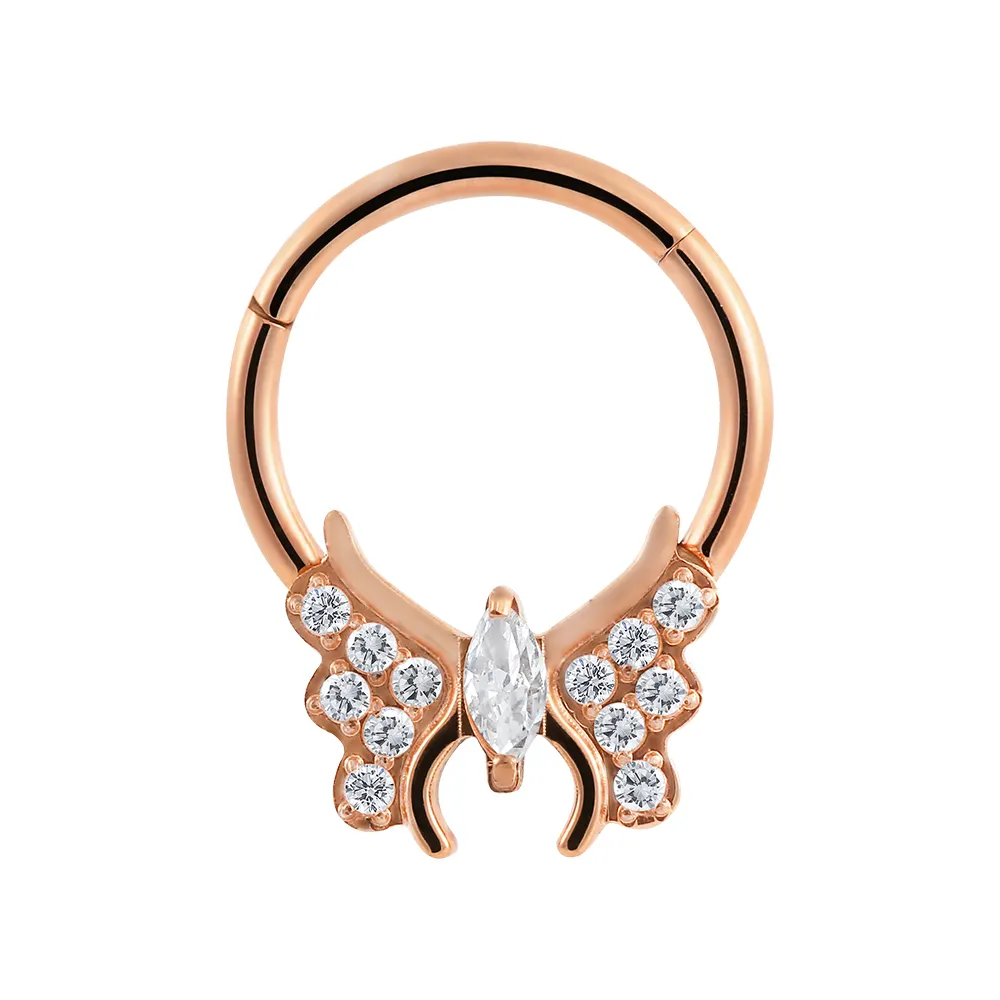 Superstar titanium septum welded butterfly both sides wings inlaid 12 zircon middle marquise shape nose ring piercing jewelry