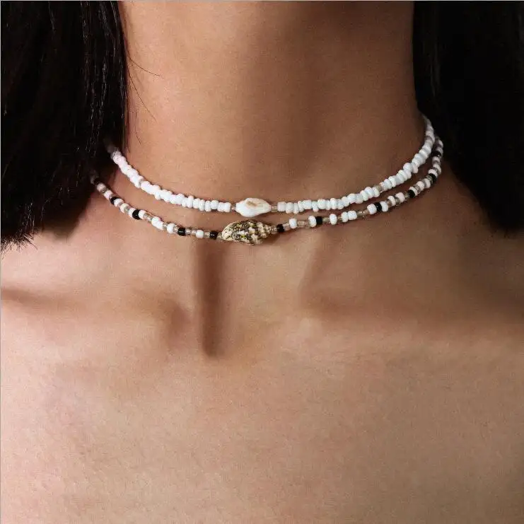 2 Pièces/ensemble Bohème Coquille Naturelle Conque Choker Collier de perles Collier Déclaration Blanc En Perles De Rocailles Clavicule Chaîne Femmes Bijoux