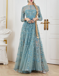 नीले रंग की महिला आकस्मिक पोशाक लंबे समय से गर्दन के चिफॉन फर्श की लंबाई वाली आर्बी औपचारिक गाउन फूलों की मोती - Product Image 2