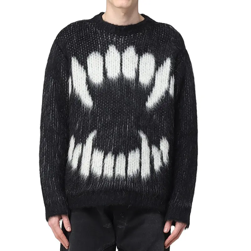 Custom LOGO OEM   ODM men mohair sweater Fuzzy jacquard pattern knitwear winter pullover jumper mohair knitted Sweater men
