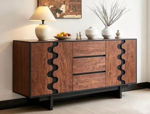 Premium Wavy Inlay Wooden Sideboard 2-Door 3-<b>Drawer</b> Large <b>Storage</b> Mid Century Modern Credenza <b>For</b> Living Room Dining Room - Product Image 3