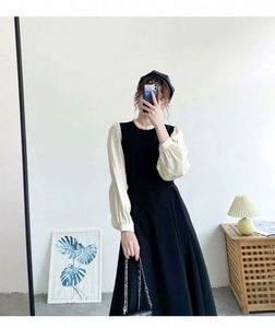 Otoño francés nuevo diseño retro mujer manga larga vestido sólido Delgado falsificar dos piezas moda dama cuello alto A-line vestido - Product Image 5