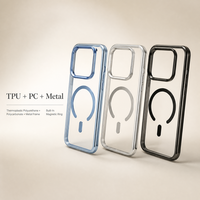 Casing HP iPhone 15 Pro Max 3 in 1 TPU PC Metal Transparan Airbag Cincin Magnetik Mengkilap Anti Benturan 8 Warna Grosir