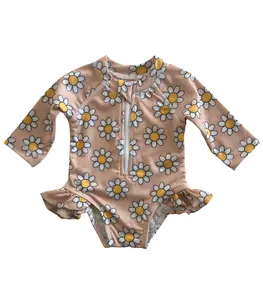 Maillot de bain une pièce à carreaux imprimé à manches longues à volants pour petites filles, boutique d'été pour tout-petits, maillots de bain pour enfants, vente en gros