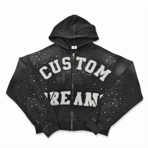Sweat-shirt à capuche zippé personnalisé pour homme, style streetwear oversize, tricoté, avec logo imprimé pailleté sur le devant, noir - Product Image 1