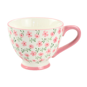 Mug à tige décoré de fleurs peintes à la main, mug de petit-déjeuner en céramique sous glaçure, mug à café de haute qualité, mug en céramique créatif. - Product Image 2