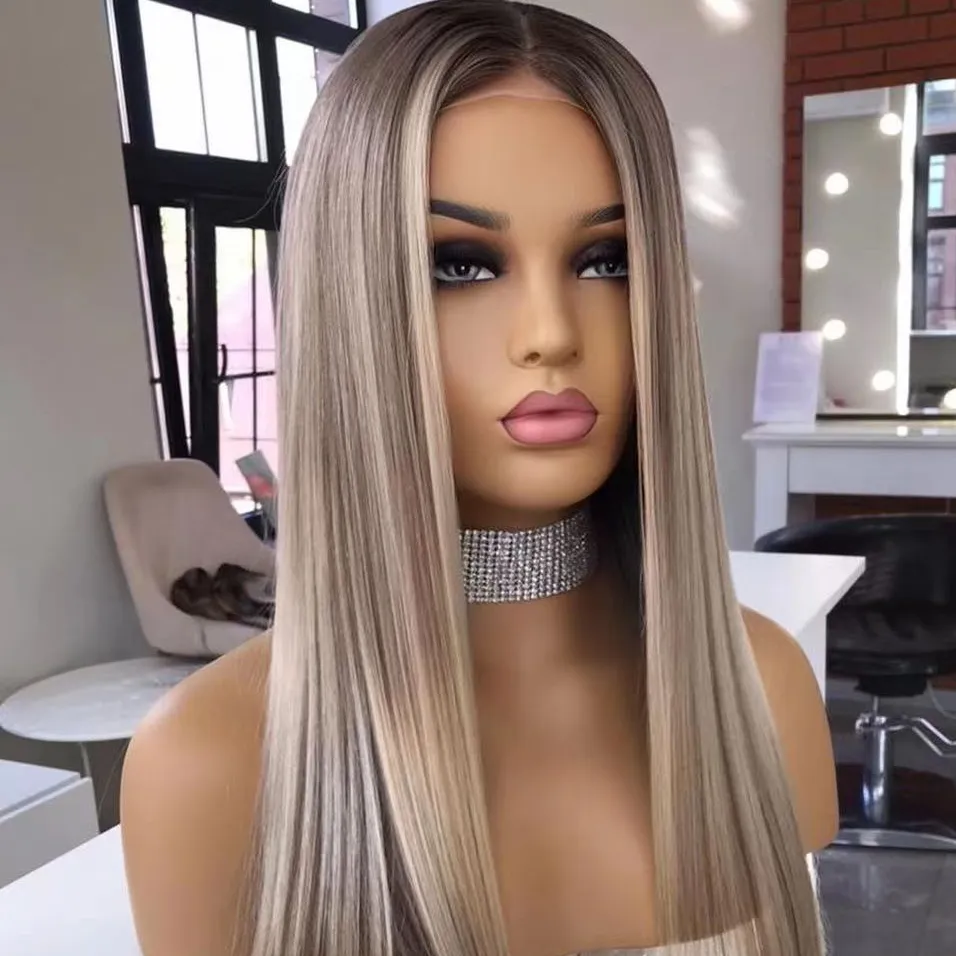 Top Quality 100% Europe Human Hair Highlight Color Silk Straight Glueless HD Transparent Lace Front Wig With Natural Hairline