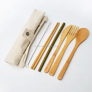 Biodegradable travel kit Bamboo Knife Fork Spoon Straw Bambu Cutlery Set