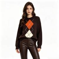 Pull en maille Argyle effet cachemire pour femme, col rond ample, personnalisable ODM, chaud et doux, idéal pour l'hiver, le quotidien et le bureau