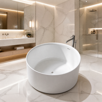Baignoire autoportante à surface ronde, bain cylindrique compact en pierre blanche pour petites salles de bain et centres de spa, design moderne et élégant