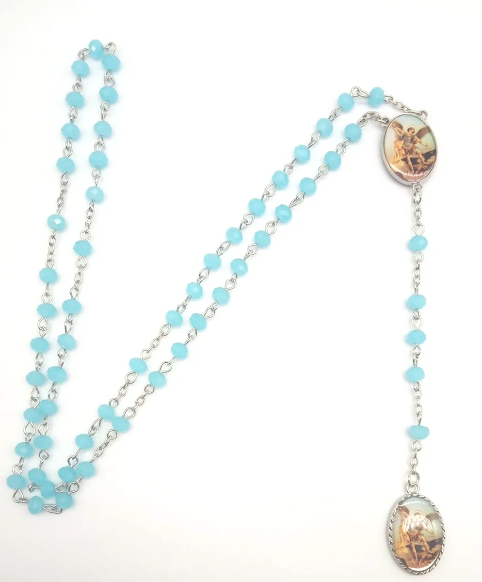 Hellblaue 4*6mm Glas facettierte Perlen katholische Halskette Rosenkranz mit Saint Michael Chaplet Angel