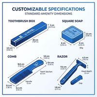 Kit de toilette jetable pour hôtel en papier kraft bleu gaufré imprimé quadricolore, comprenant brosse à dents, rasoir, peigne et savon, recyclable