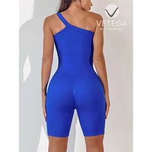 Combinaison de sport Vetega bleue côtelée pour femme, body de yoga sans manches à épaules dénudées avec taille naturelle, design court confortable - Product Image 5