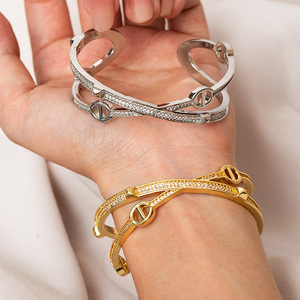 European American Style Cross Opening Diamond Encrusted <b>Bracelet</b> Gold Silver Plated <b>Copper</b> Geometry Gift Jewelry - Product Image 1
