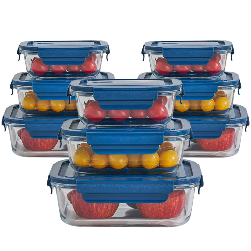 24-Piece Deep Blue High Borosilicate Glass Bento Lunch Box with PP Lid Microwavable Oven Safe Fresh-keeping Bowl for Kitchen Use