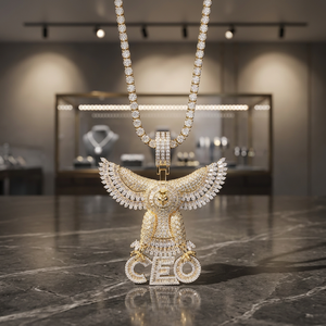 RB GEMS Pendentif Aigle Tendance avec Breloque CEO, en Argent 925 Plaqué Rhodium, Moissanite Taille Baguette, Style Hiphop, Bijoux de Fête pour Homme - Product Image 2