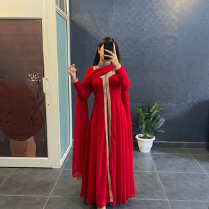 Red Cotton Lace Quick Dry <b>Kurta</b> Dupatta Set Women's Ethnic Wear Regular Length Traditional <b>Indian</b> Pakistani Suit for Karwa - Product Image 1
